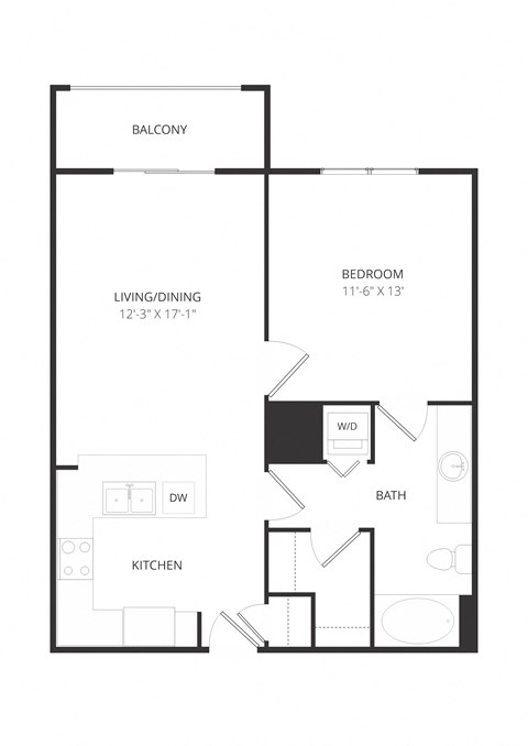 Floor plan for 1 bed, 1 bath, 713 sqft